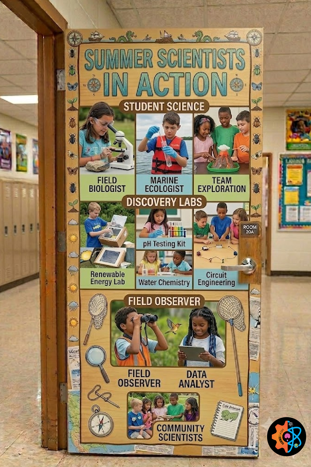 Summer Scientists in Action classroom door decoration showing photos of kids doing hands-on STEM experiments like pH testing, solar ovens, circuits, and field observation.