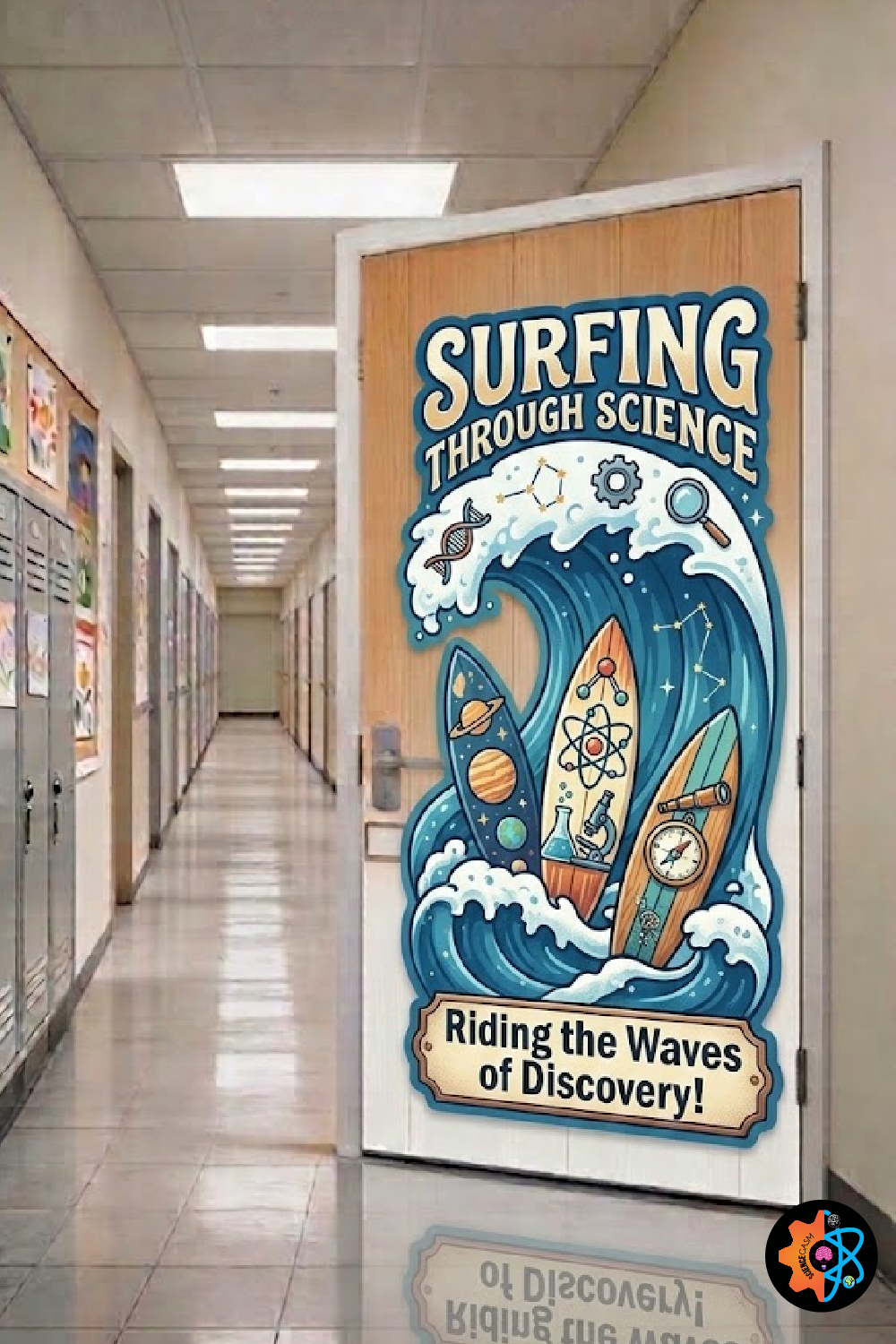 Beach themed classroom door decoration with three surfboards decorated with science illustrations riding a large ocean wave.