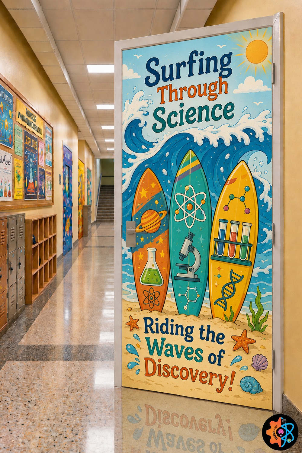 Beach themed classroom door decoration titled Surfing Through Science featuring three colorful surfboards decorated with space, physics, chemistry, and biology graphics.