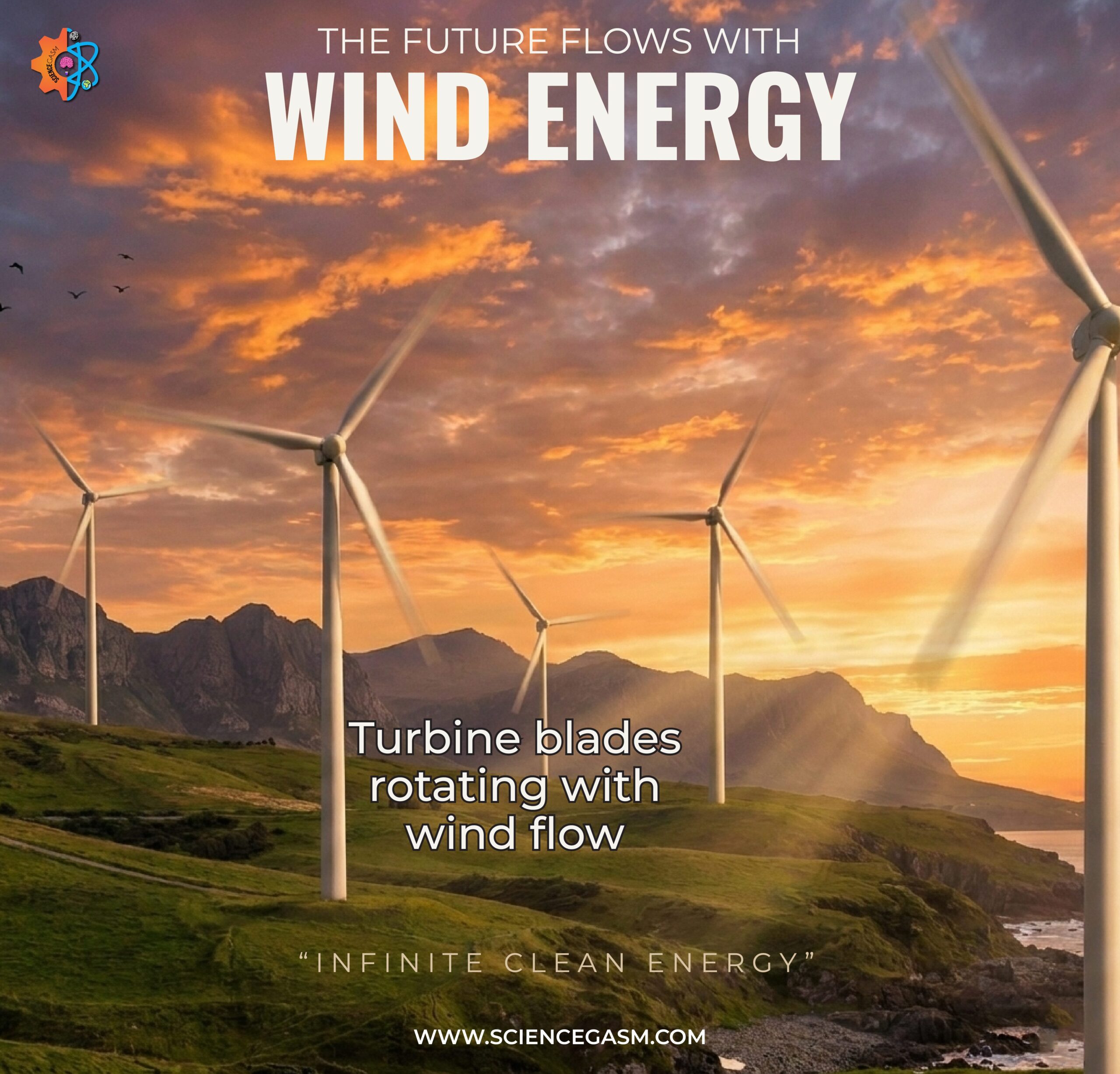 An educational environmental science graphic titled The Future Flows with Wind Energy, showing large wind turbines on a green coastal hill at sunset with a text label explaining blade rotation.
