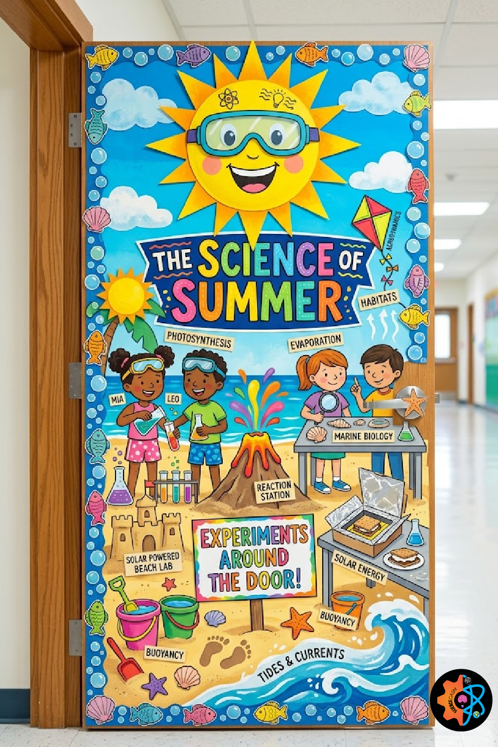 The Science of Summer classroom door decoration featuring kids doing science experiments at a beach with a large smiling sun wearing goggles.