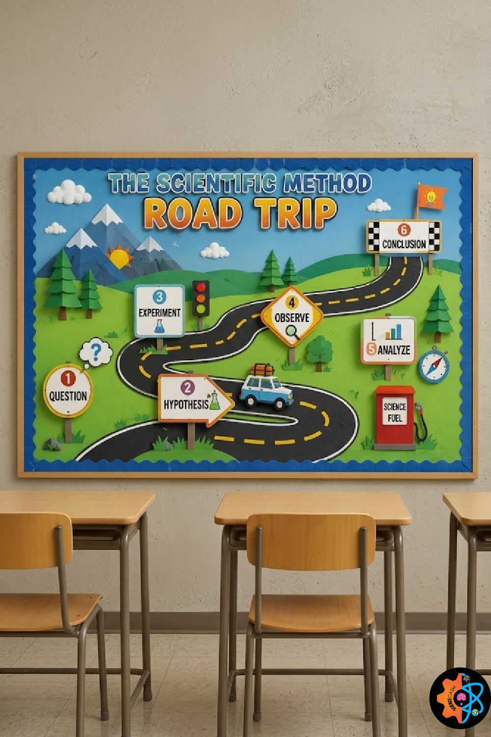Scientific Method Road Trip bulletin board for classroom featuring the six steps of the scientific method with an interactive road map theme for elementary science and STEM education.