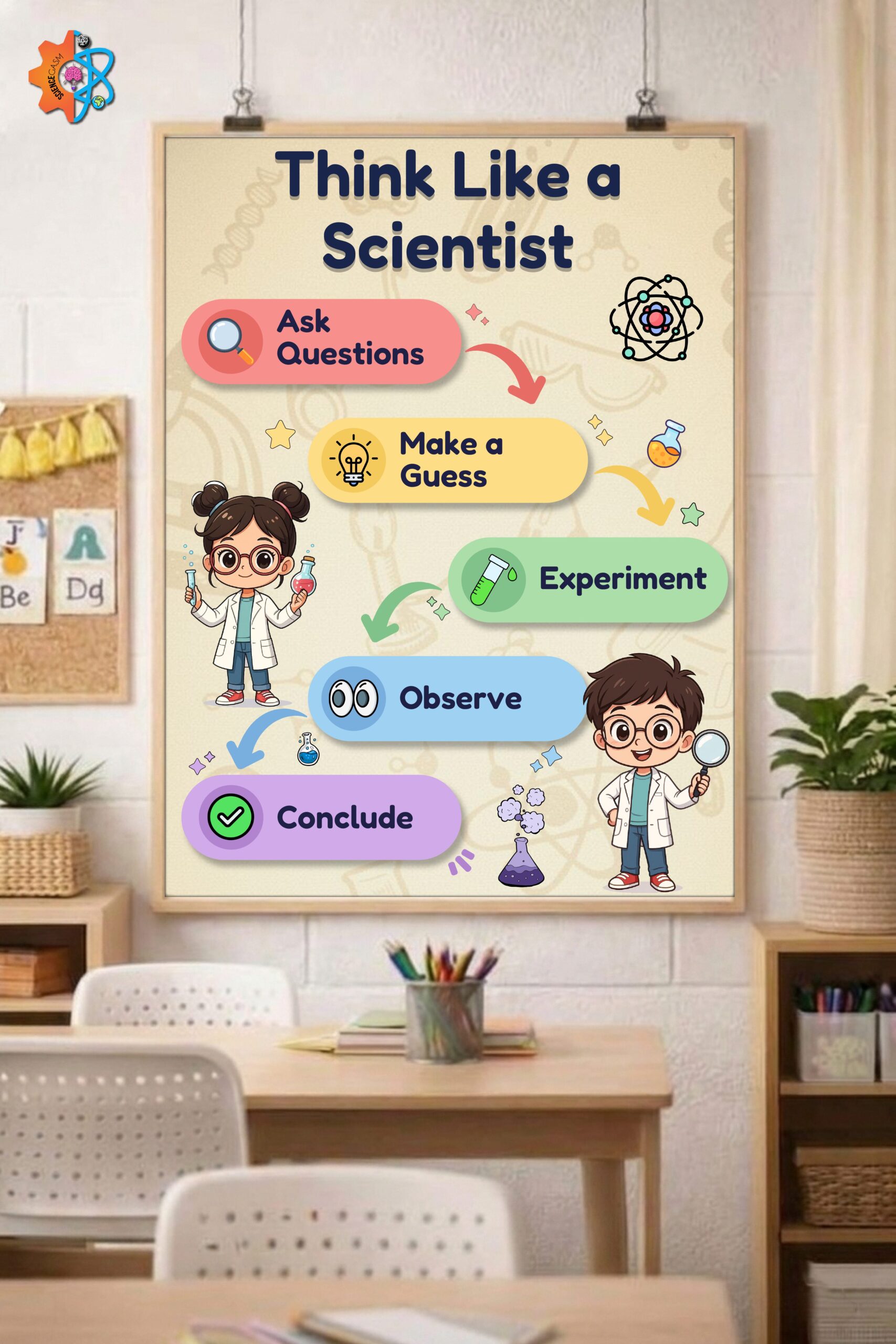 A colorful scientific method poster titled Think Like a Scientist displayed in a bright elementary classroom setting.