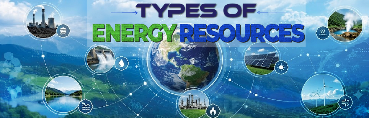 A wide environmental science banner titled Types of Energy Resources, showing a central globe orbited by circular icons of solar panels, wind turbines, hydroelectric dams, and fossil fuel plants over a mountain landscape.