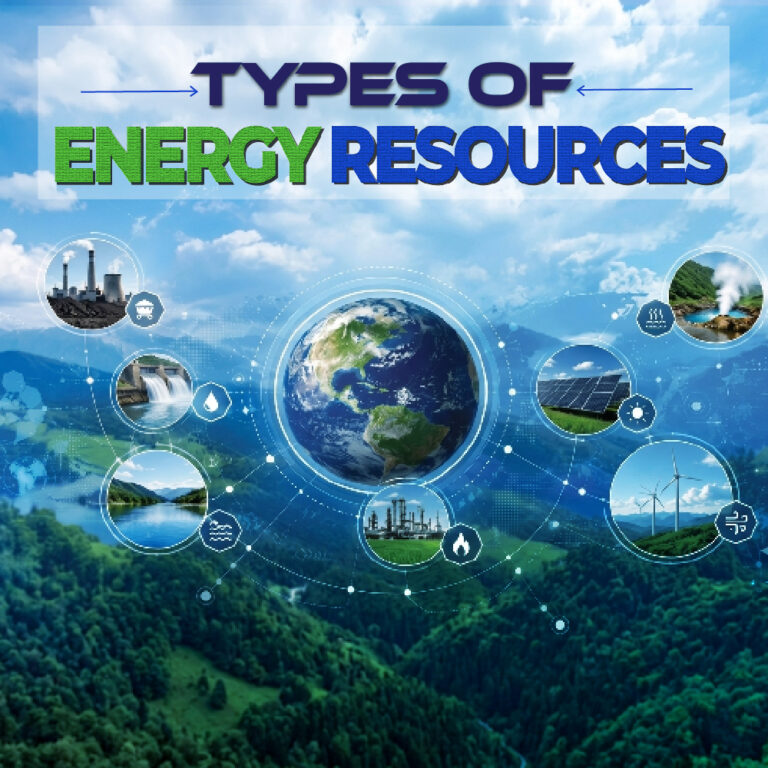 A square environmental science poster titled Types of Energy Resources, displaying a central Earth globe surrounded by connected circular icons of solar panels, wind turbines, a hydroelectric dam, and industrial power plants over a green forest landscape.