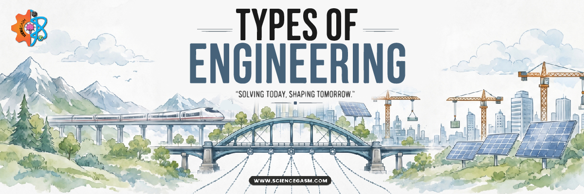 A wide educational STEM banner titled Types of Engineering featuring a watercolor illustration of a high-speed train, a structural arch bridge, solar panels, and construction cranes.