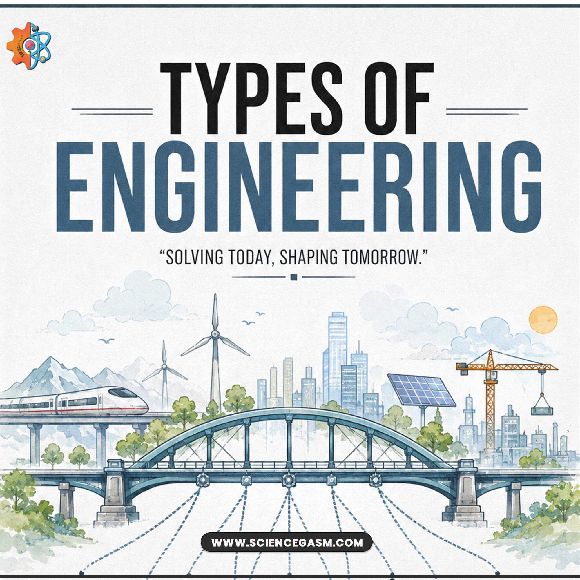 Types of Engineering infographic showing major engineering disciplines including civil, mechanical, electrical, aerospace, chemical, biomedical, industrial, materials, environmental, and renewable energy engineering.