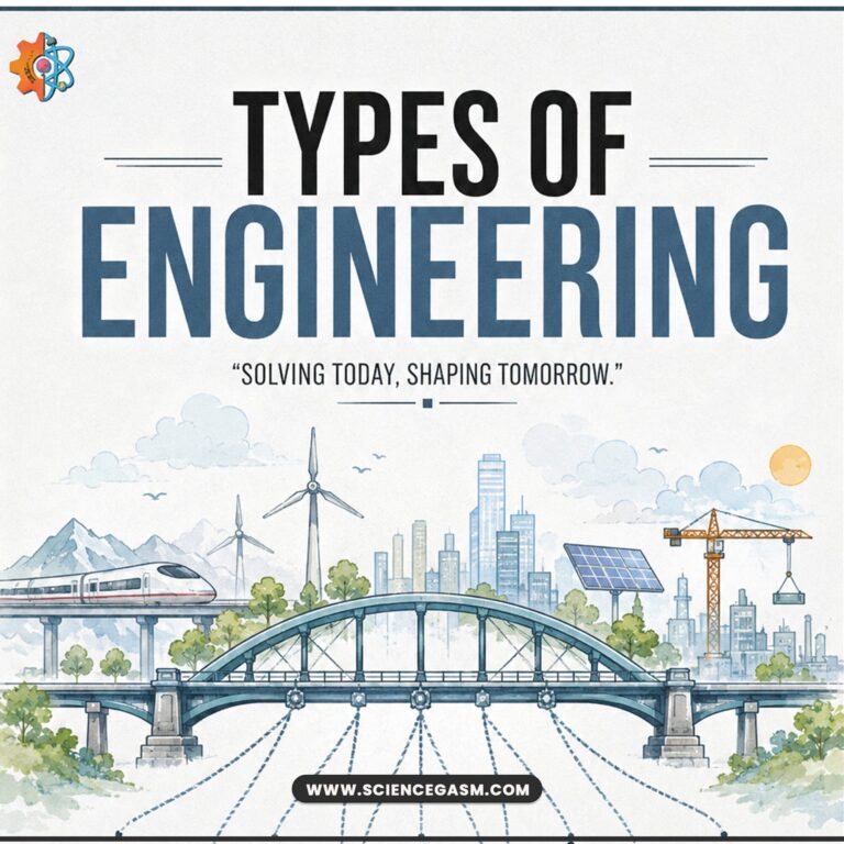 A square educational STEM poster titled Types of Engineering featuring a watercolor scene with wind turbines, a solar panel array, a structural bridge, a bullet train, and a city skyline.