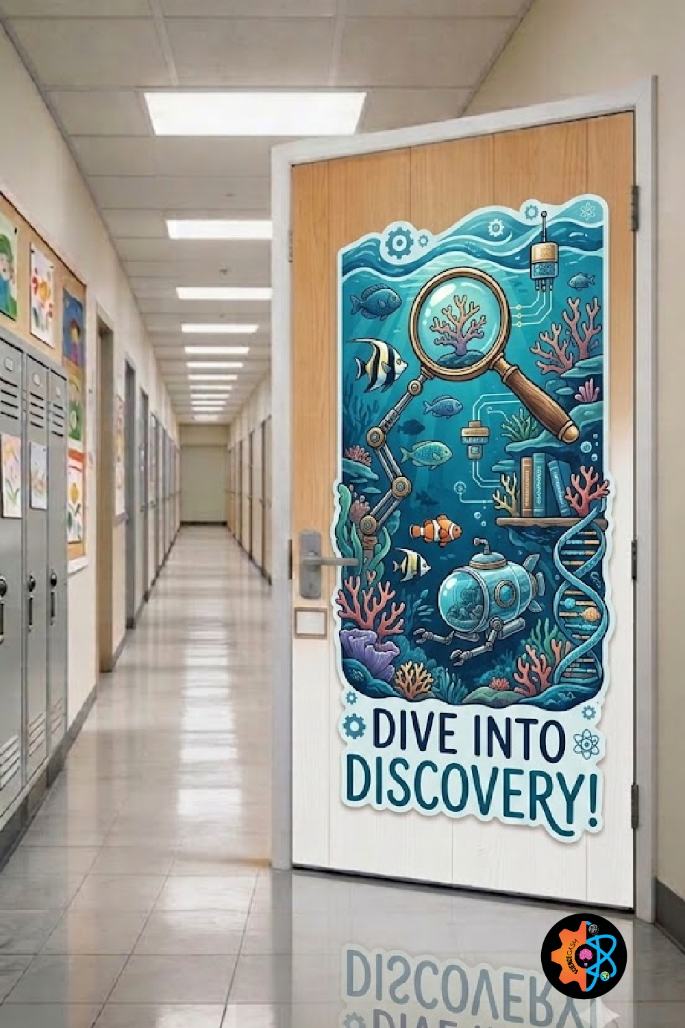Underwater ocean-themed science classroom door with coral reef, fish, submarine, DNA strand and “Dive Into Discovery” STEM quote in school hallway