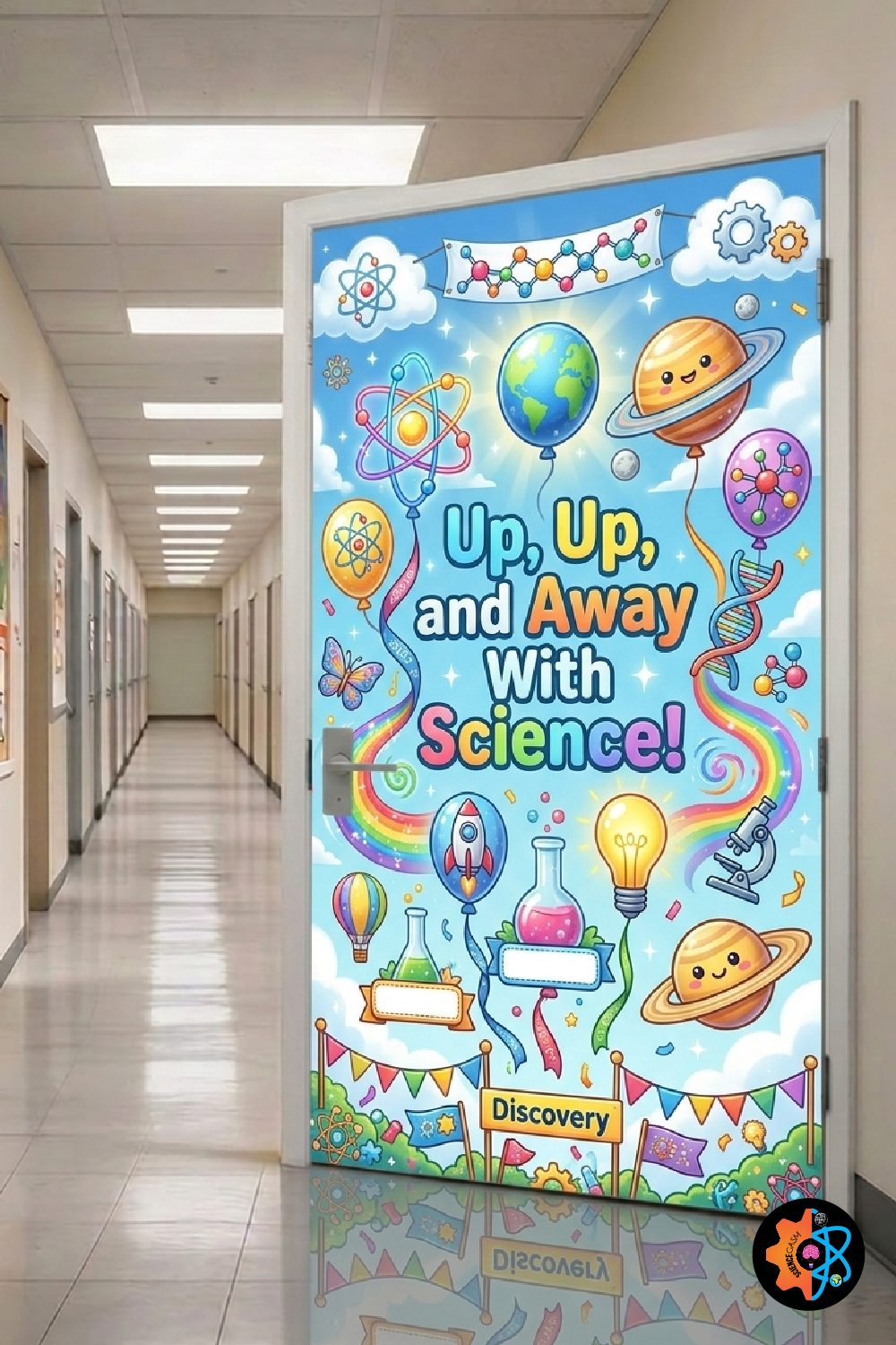 A colorful balloon-themed science classroom door decoration featuring balloons shaped like planets, atoms, and laboratory flasks floating along a rainbow under the text Up, Up, and Away With Science.
