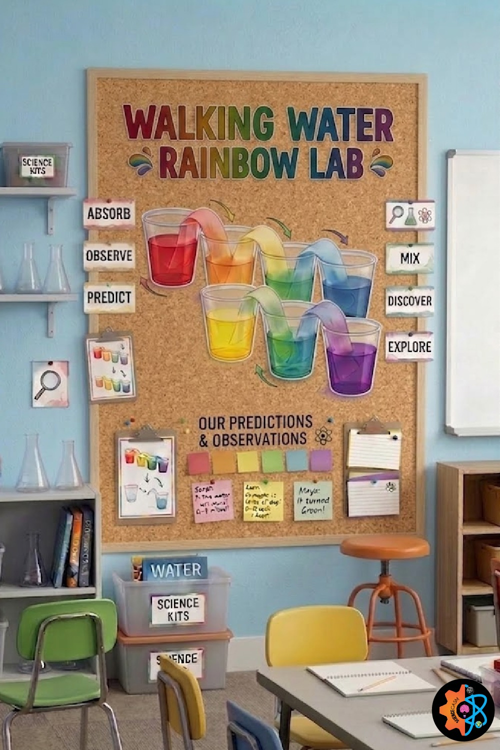 Walking Water Rainbow Lab science bulletin board featuring the colorful capillary action experiment with prediction, observation, and discovery sections for STEM classroom decoration.