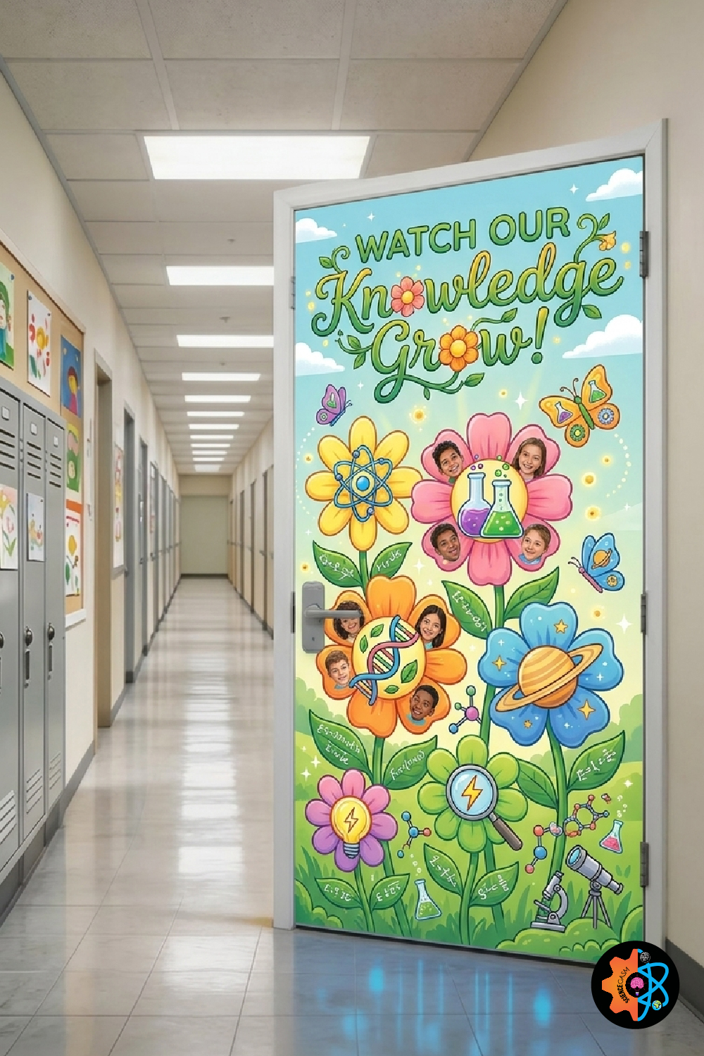 A garden-themed science classroom door decoration featuring large flowers with student photos, scientific icons like atoms, planets, and DNA strands, under the text Watch Our Knowledge Grow.