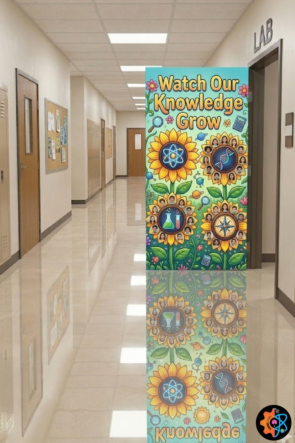 Sunflower themed science classroom door decoration titled Watch Our Knowledge Grow featuring large flowers with scientific icons and student photo frames on the petals.