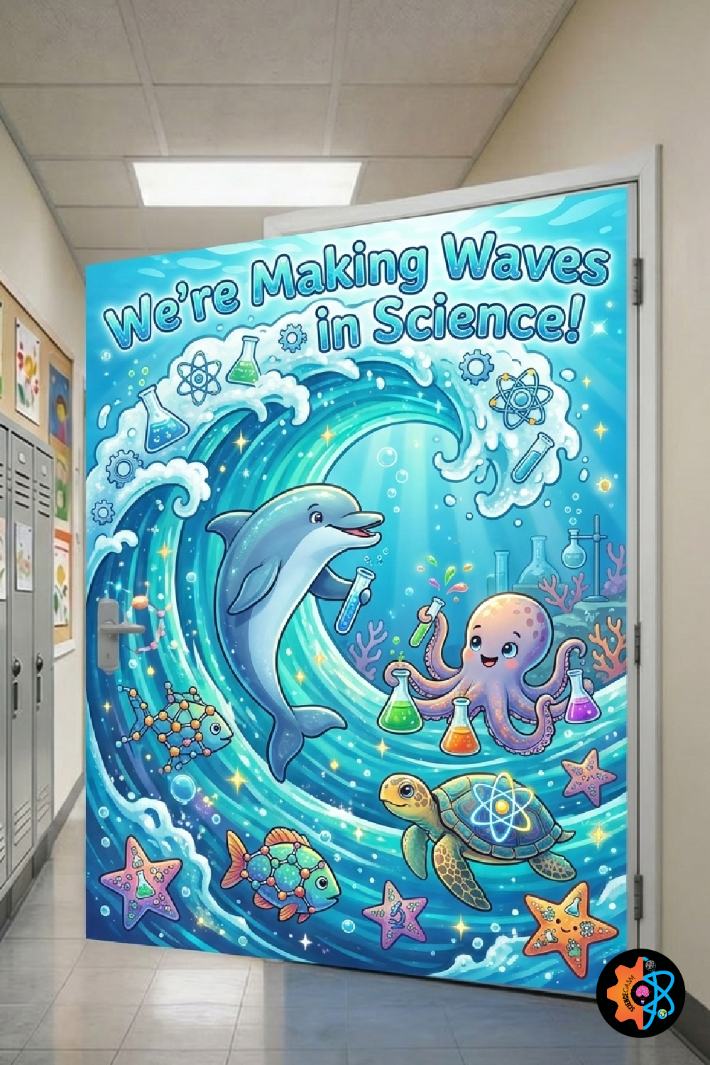 A vibrant ocean-themed science classroom door decoration featuring a dolphin, octopus, and sea turtle holding laboratory flasks amid waves and atom symbols with the text We Are Making Waves in Science.