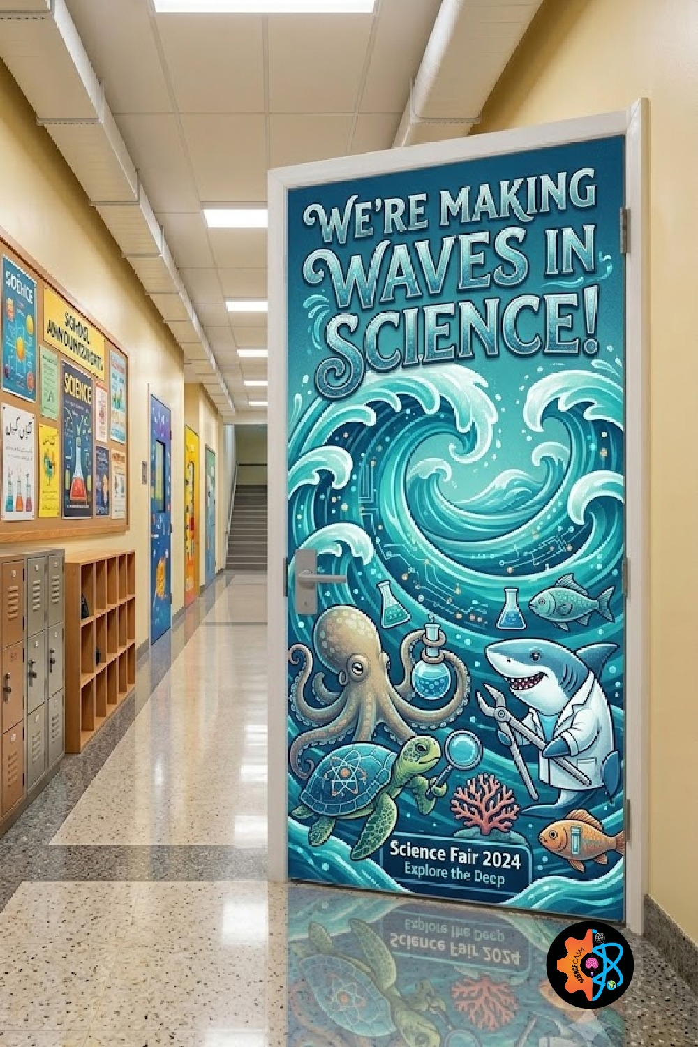Ocean themed science classroom door decoration titled We're Making Waves in Science featuring a shark scientist, octopus, and sea turtle holding laboratory tools.