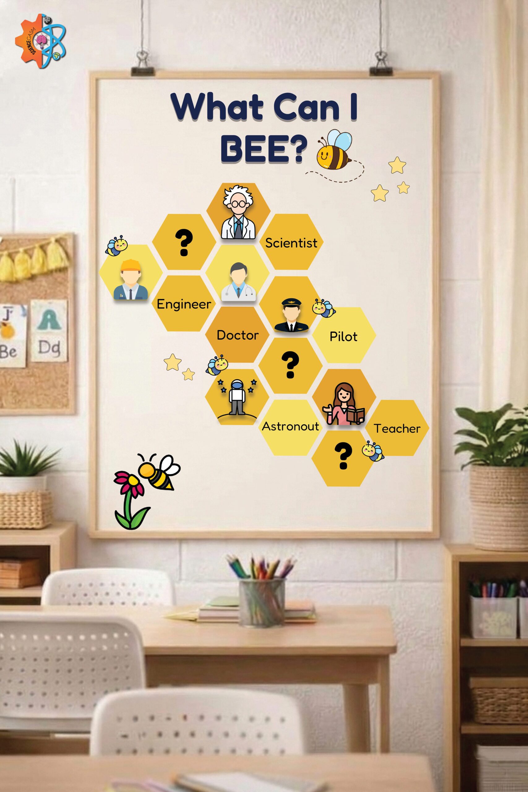 A yellow honeycomb career poster titled What Can I BEE featuring STEM professions like scientist and engineer on an elementary classroom wall.