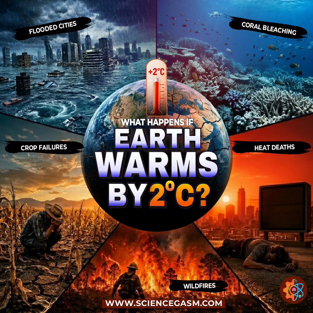 Climate change infographic showing the effects of a 2°C increase in global temperature, including flooded cities, coral bleaching, crop failures, wildfires, and heat-related deaths.