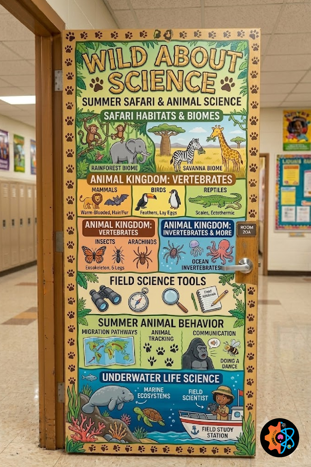 Safari and animal science classroom door decoration mapping out biomes, vertebrates, invertebrates, field tools, animal behavior, and marine biology.