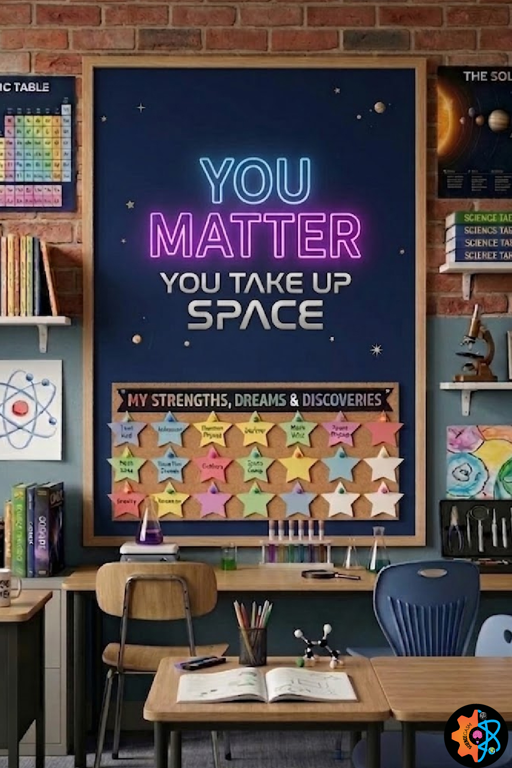 Science classroom bulletin board displaying the motivational quote "You Matter, You Take Up Space" with a space-themed background, chemistry lab setup, and student strengths display for STEM classroom decoration.