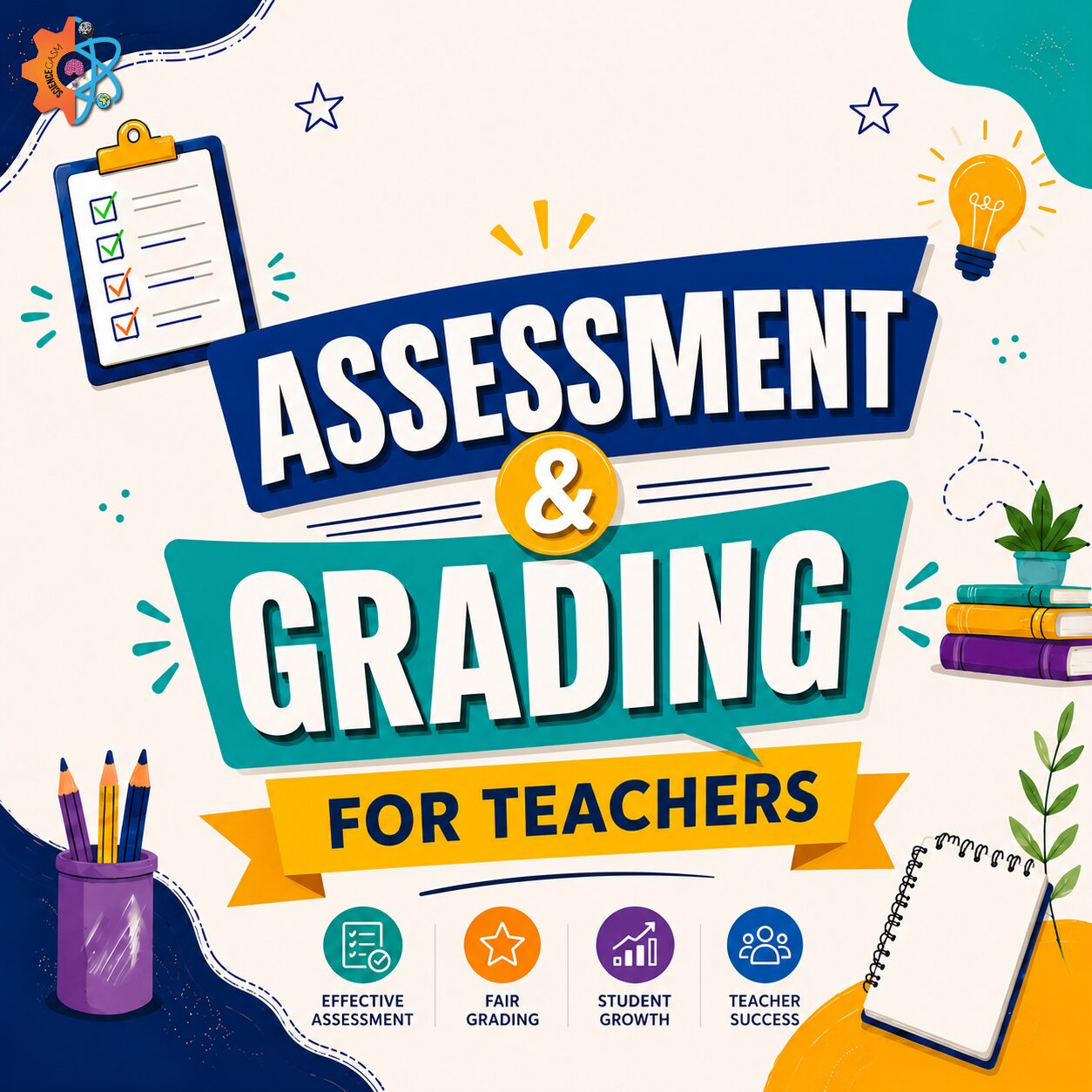 Assessment and Grading for Teachers educational classroom poster featuring effective assessment, fair grading, student growth, and teacher success for K–12 educators.