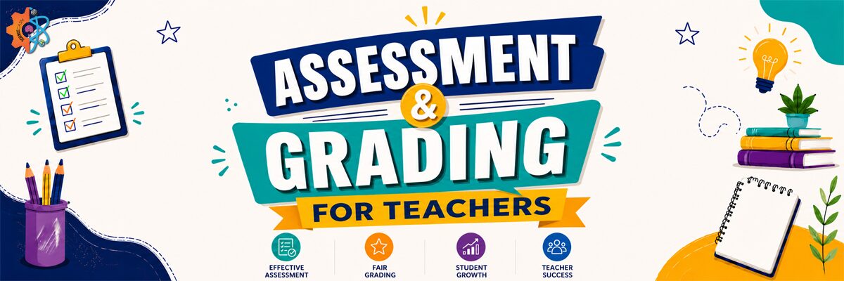 Assessment and grading for teachers banner showing effective assessment, fair grading, student growth, and teacher success concepts