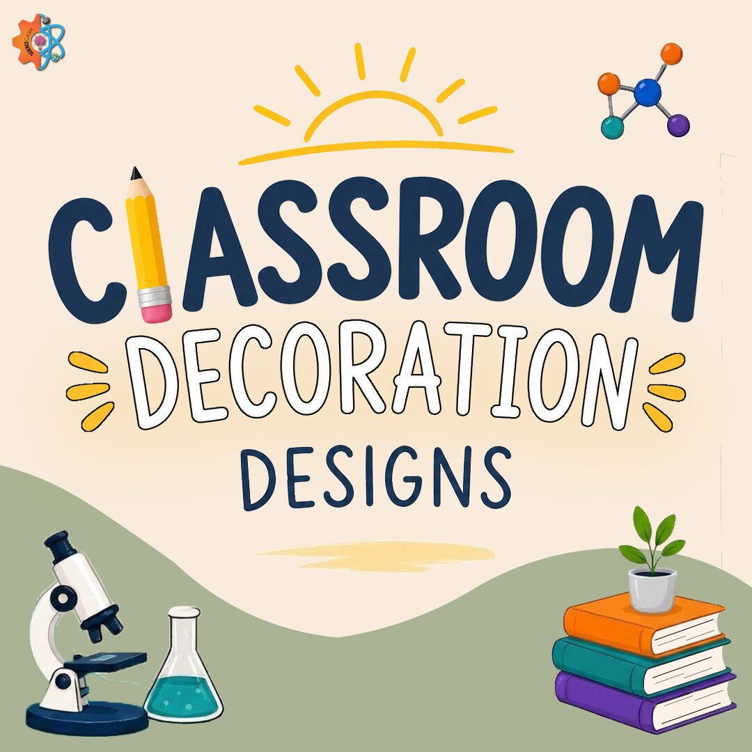 Classroom decoration designs for teachers with creative learning environment elements including books, science tools, and classroom setup ideas