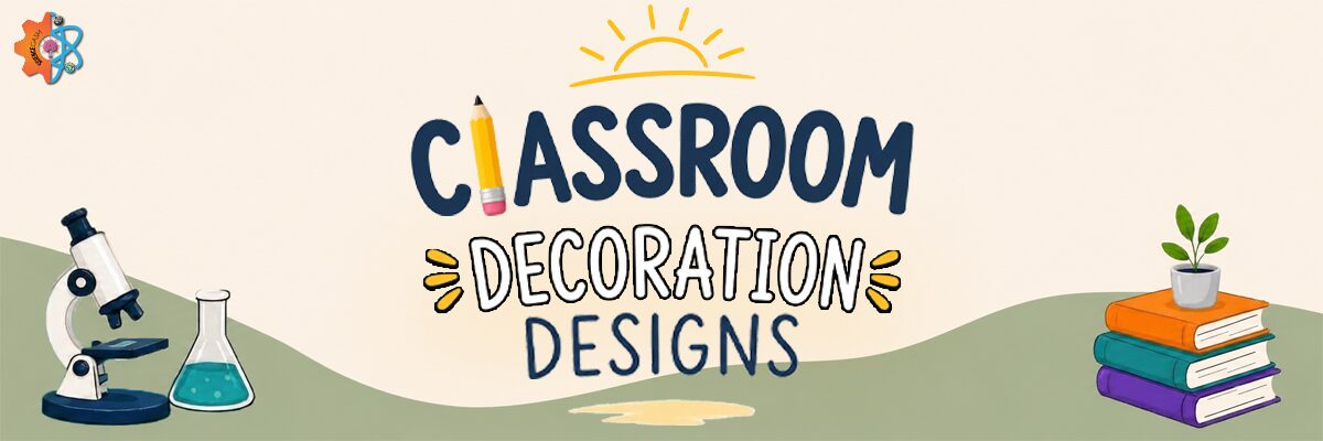 Classroom decoration designs banner showing creative classroom setup ideas with books, science tools, and educational elements for teachers